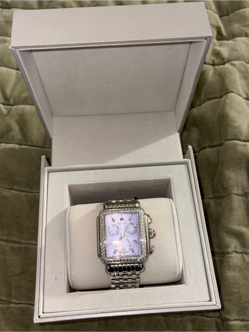Michele Silver Watch with Lavender Dial and Crystal Bezel. Used, no wear, no box - Picture 4 of 5